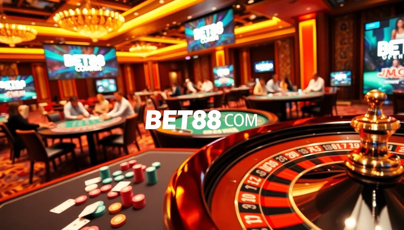 Experience exhilarating gameplay at BET88 COM with poker chips, cards, and roulette wheels in a vibrant casino setting.