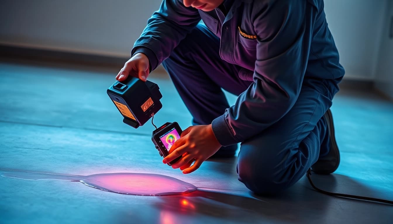 Leak in concrete floor detection by a professional technician using advanced tools
