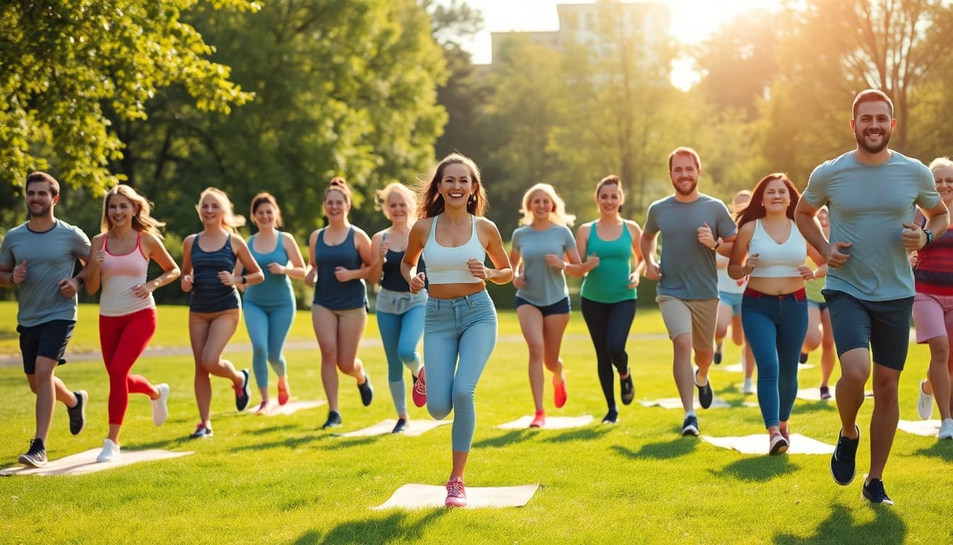 A diverse group of individuals engaging in weight loss exercises outdoors, promoting a healthy lifestyle.
