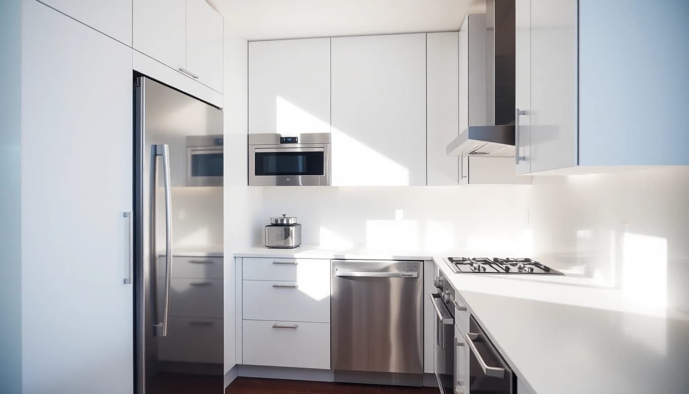 Modern kitchen showcasing уреди за вграждане like a refrigerator and oven with sleek design.