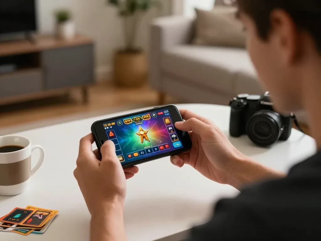 Player engaging with FO88 mobile casino app, showcasing vibrant game graphics and relaxed home setting.