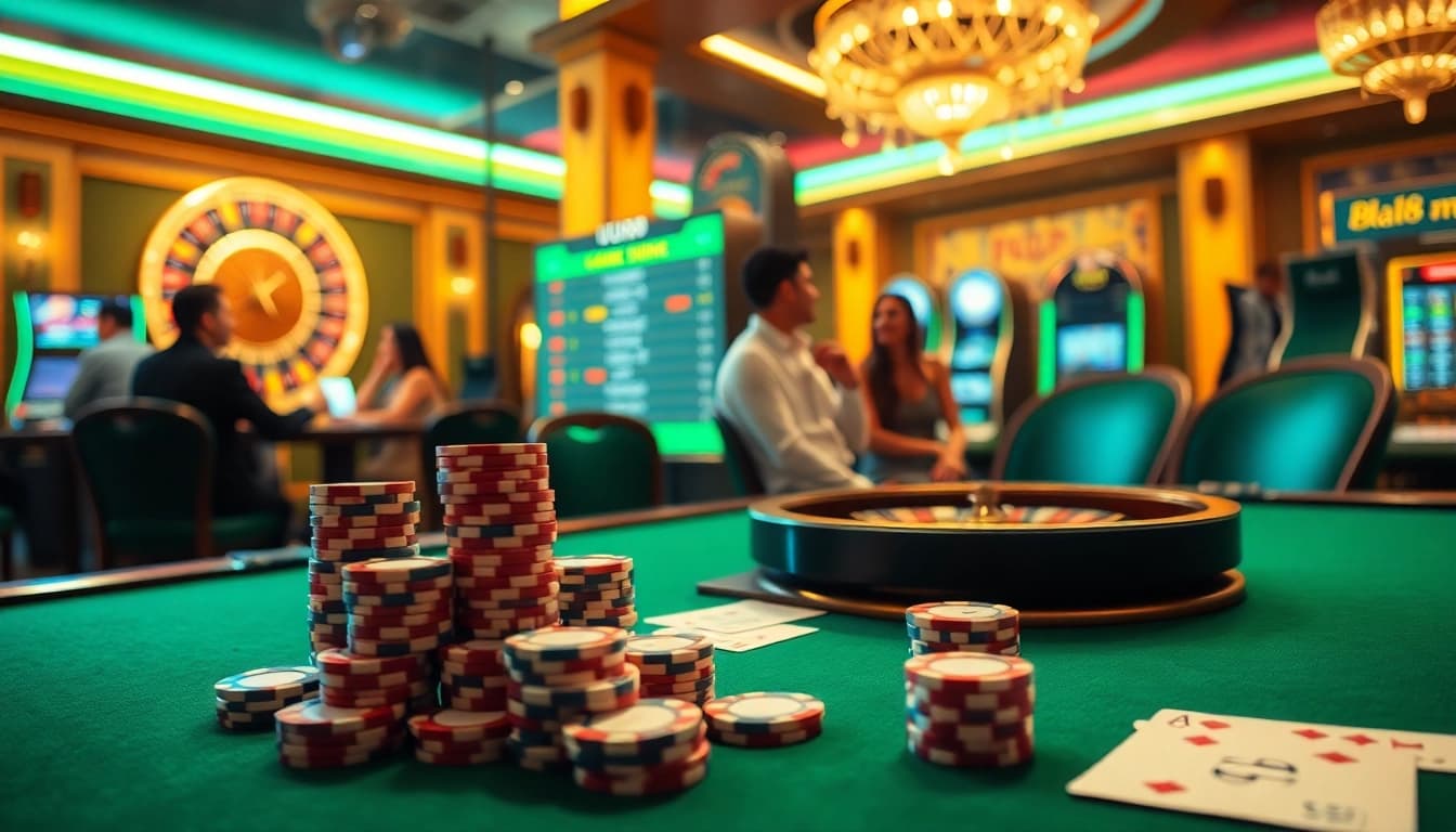 Engage in the excitement of UU88 with this vibrant casino scene featuring poker chips and a roulette wheel.