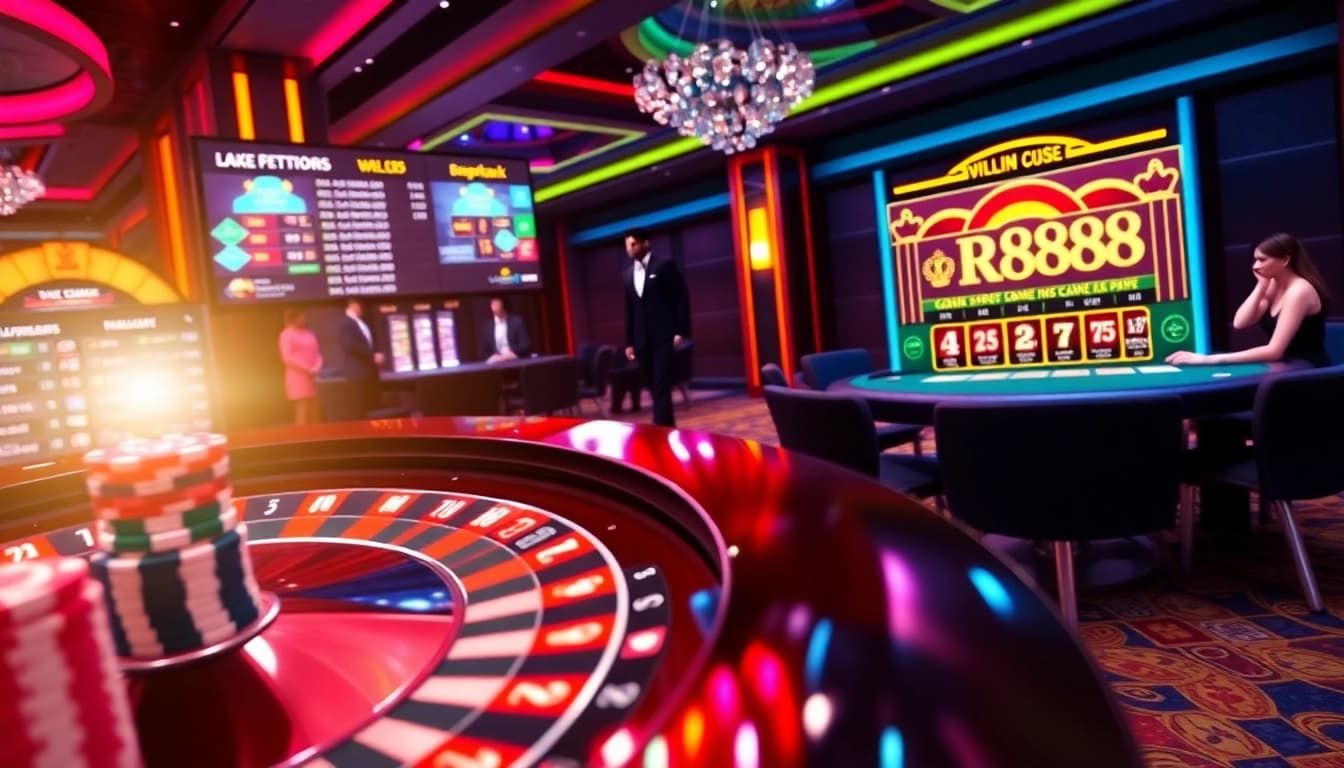 Exciting casino scene featuring RR888 slot machine and betting odds display for gamblers.