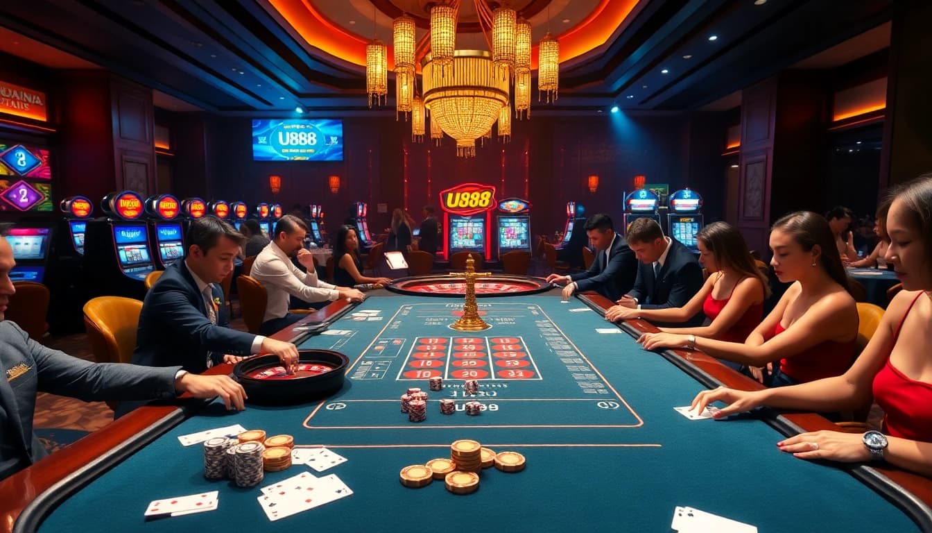 Experience the excitement of a U888 gaming experience with luxurious casino visuals featuring slot machines and poker chips.