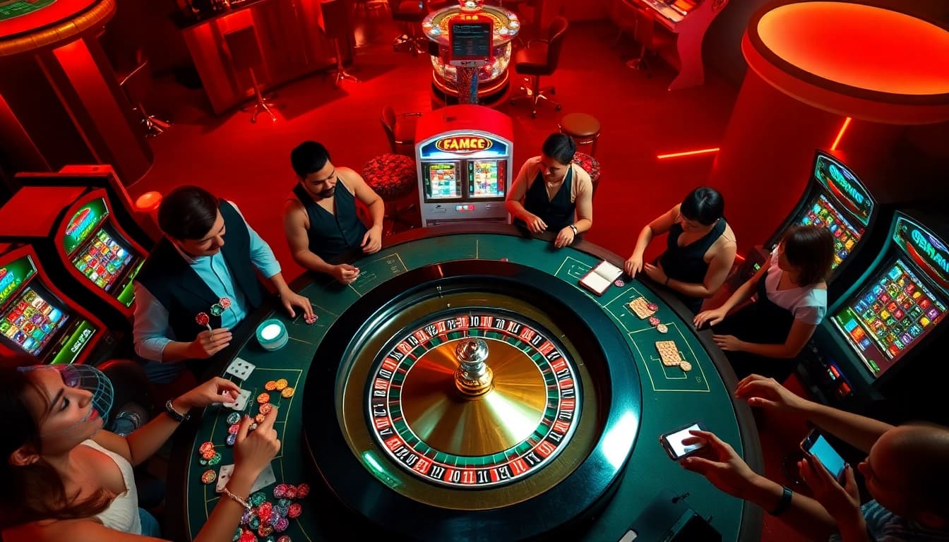 Players immerse in an exciting roulette game at bancaonline88, surrounded by vibrant casino elements.