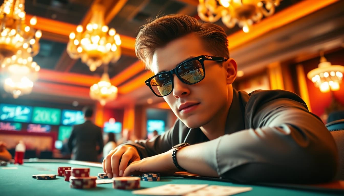 A person wearing Ray Ban Meta glasses enjoys a game in a lively casino.