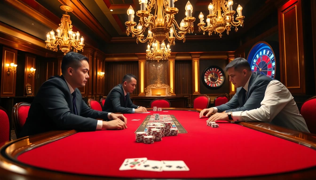 A vibrant poker game in a luxurious casino atmosphere at https://kjc.money with colorful chips and elegant lighting.