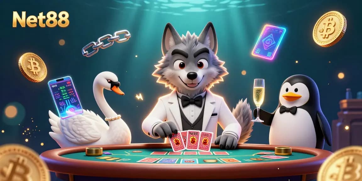 Net88 showcases a vibrant baccarat scene with unique characters and cryptocurrency elements for an engaging gaming experience.