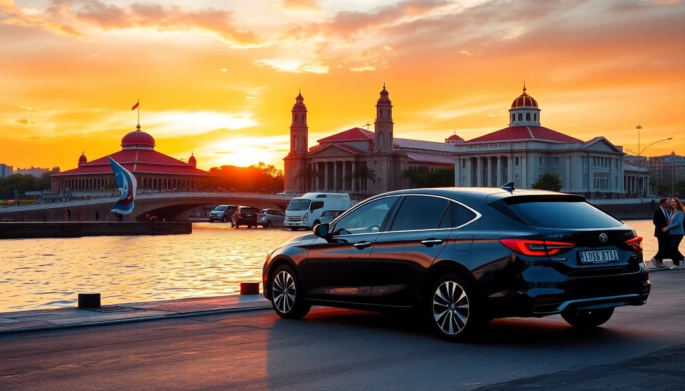 Kuching rent car near Sarawak River at sunset, showcasing vibrant local architecture.