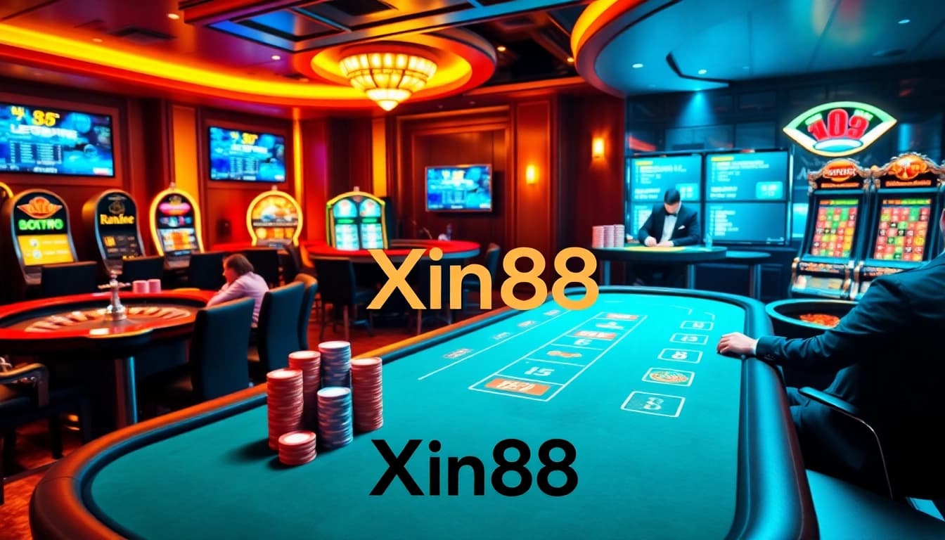 Exciting poker game at Xin88 casino with colorful chips and elegant dealer.