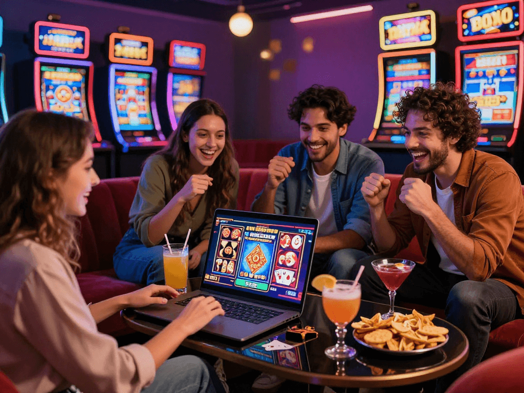 Friends excitedly discussing casinos not on GamStop while enjoying snacks and drinks in a lively home setting.
