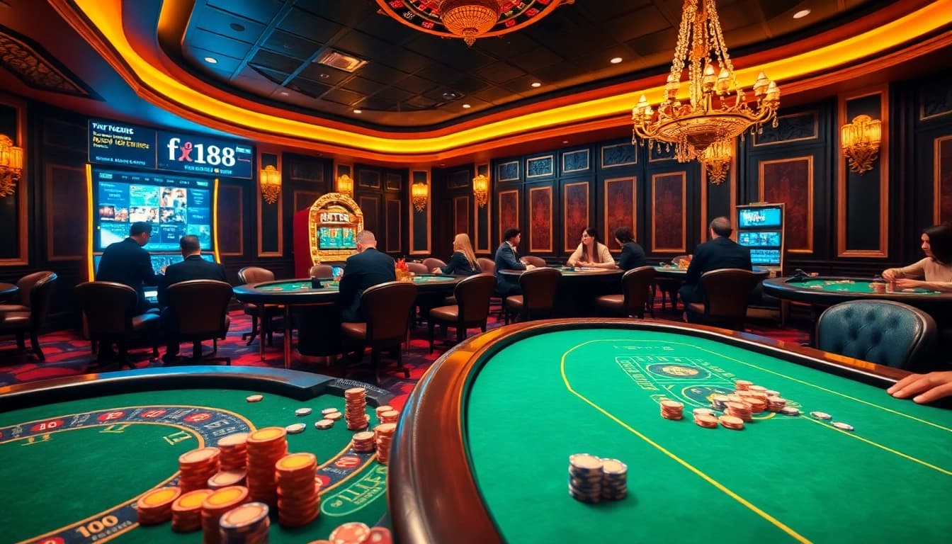 F168 gamblers enjoying high-stakes action at a luxurious casino table with vibrant poker chips.