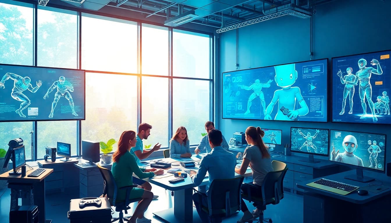 Innovative game AI development studio with diverse team collaborating.