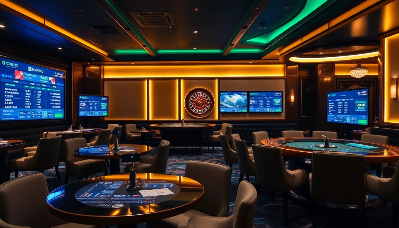 Place your bets on Kèo Bóng Đá in a luxurious sports betting lounge with poker chips and odds on display.