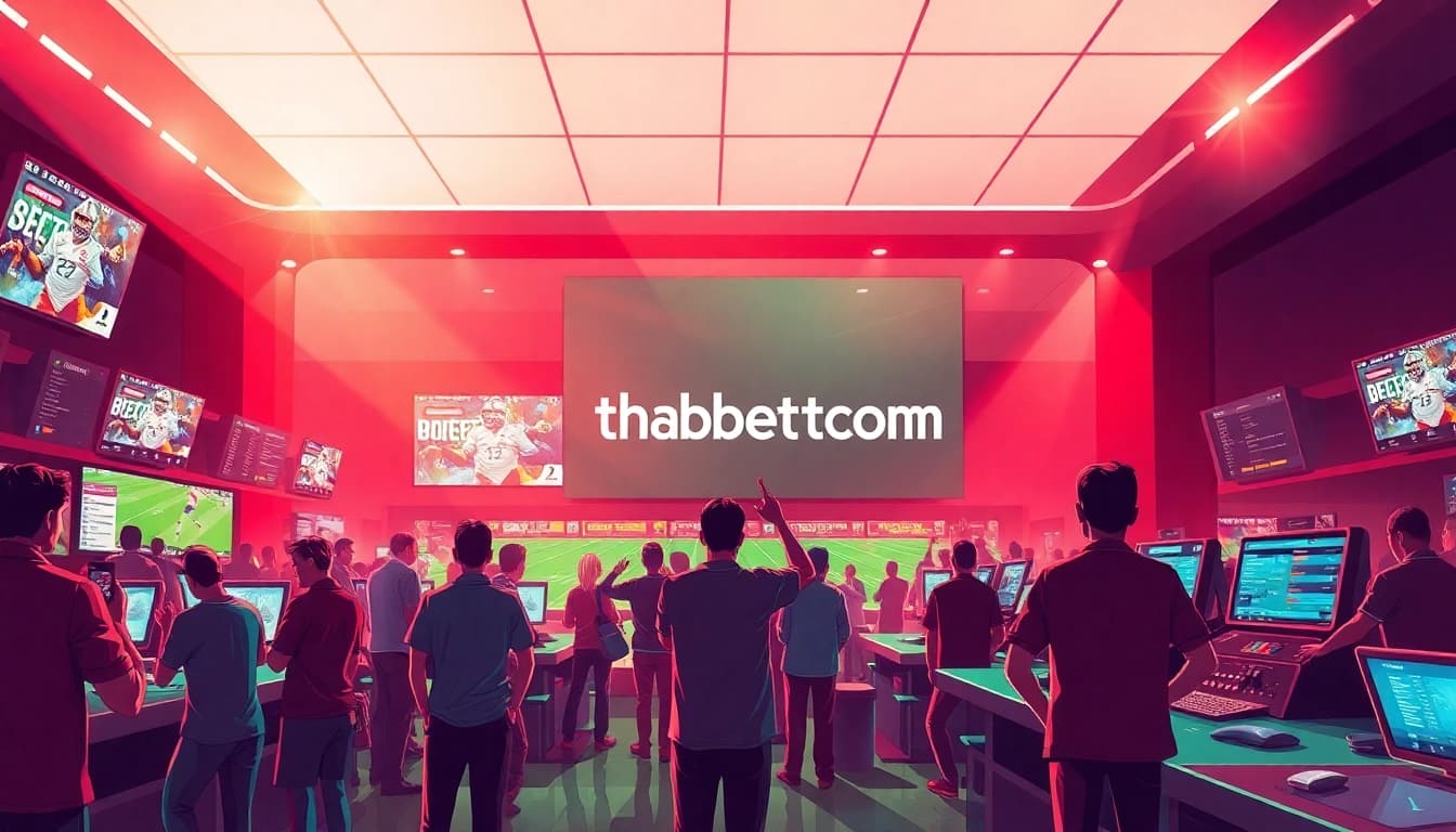 View an exciting sports betting scene with bettors engaged, featuring thabetigercom branding prominently displayed.
