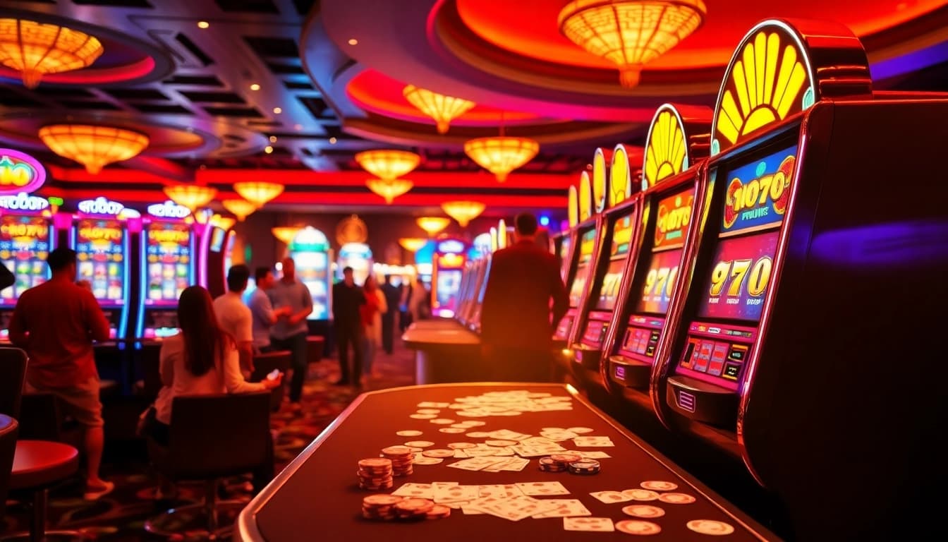 Exciting casino scene featuring vibrant slot machines and players enjoying no hu games.