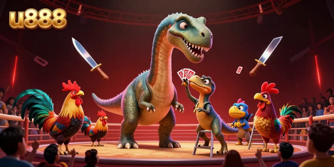 Experience intense matches at u888, featuring a giant brontosaurus in a dynamic cockfighting arena.
