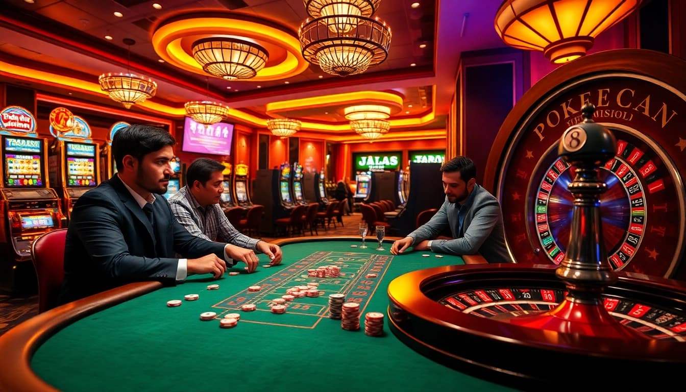 Experience a thrilling poker night at a Nhà cái uy tín, with players betting on a luxurious table surrounded by slot machines.