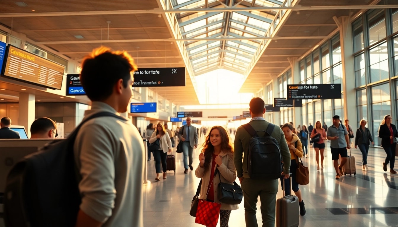 Travelers engaging with kiosks at Gatwick airport terminal with lively atmosphere.