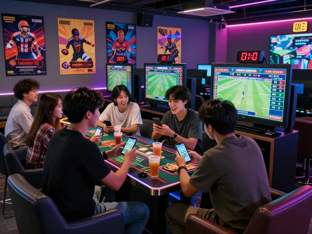 Friends engaging in online betting at the 99exch trusted site in a vibrant gaming lounge.