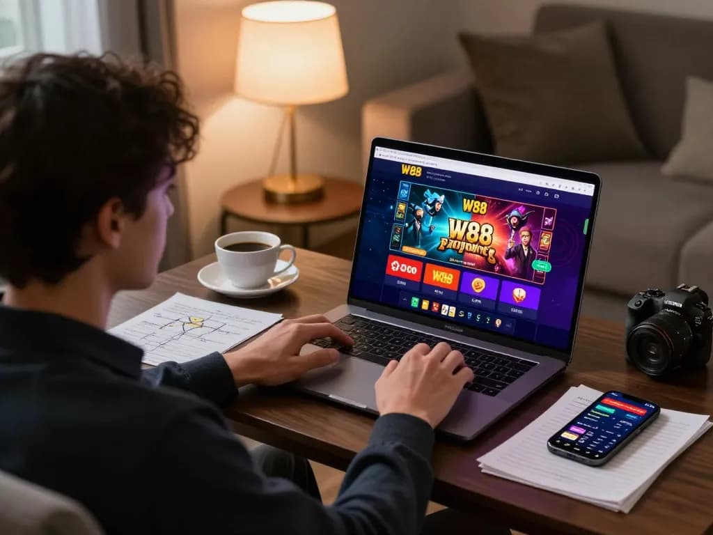 Player enjoying W88 casino games on a laptop at home, capturing the essence of online gambling.