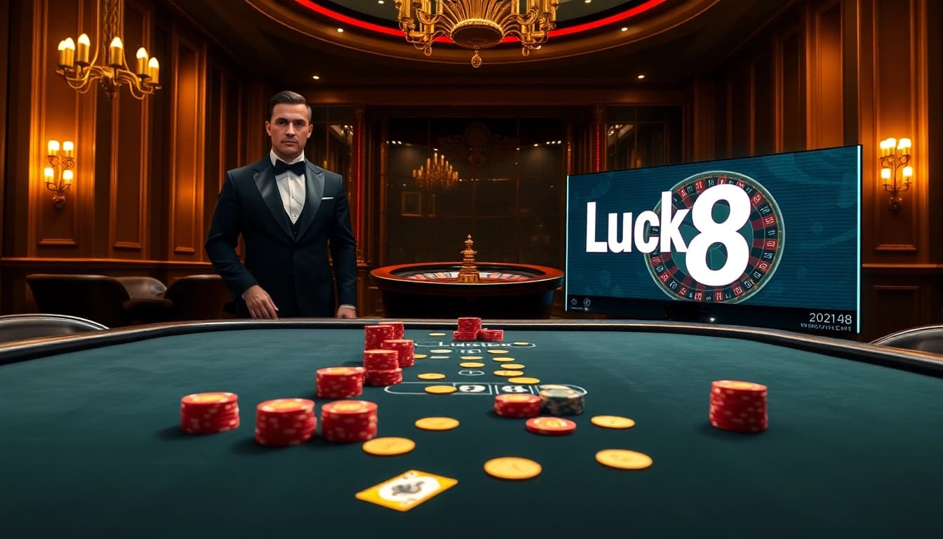 Experience thrilling poker action at Luck8's luxurious casino tables featuring upscale decor and vibrant atmosphere.