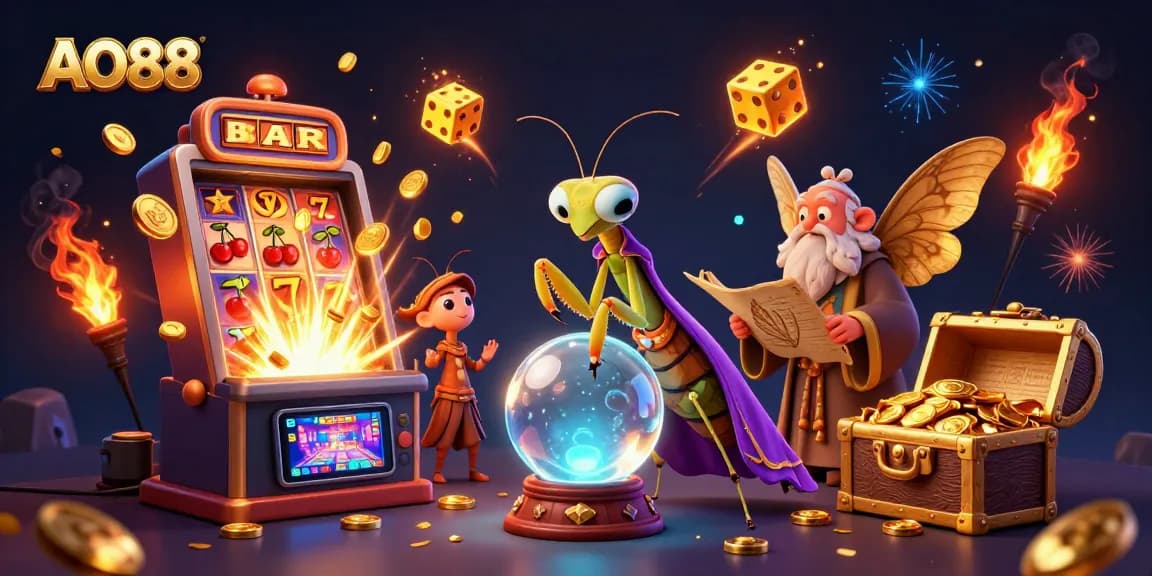 Engaging AO88 casino scene featuring a fortune teller, golden treasures, and dynamic slot action.
