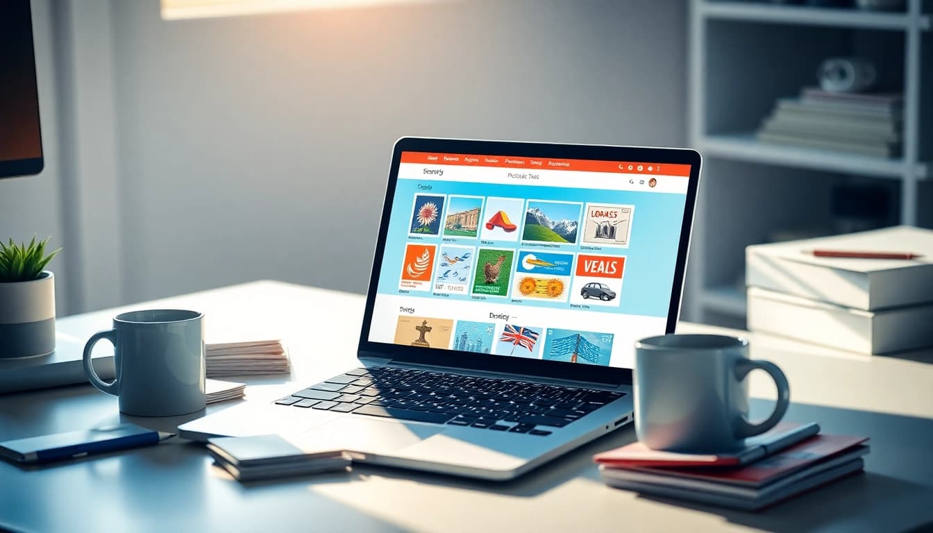 Discover how to buy postage stamps online with a colorful laptop display and authentic stamps beside it.