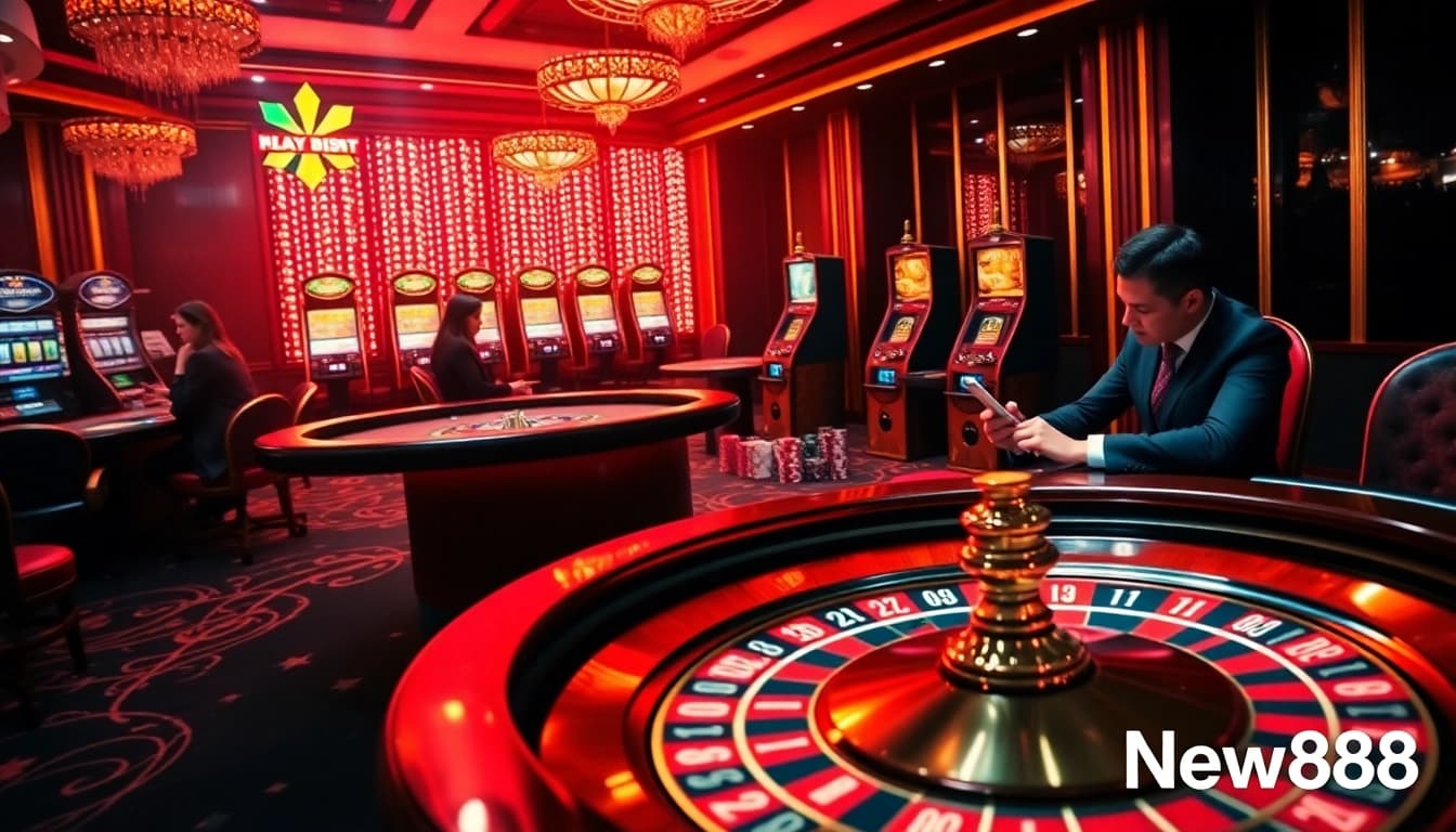 Players enjoying a professional New888 gaming experience at vibrant casino tables with colorful chips.
