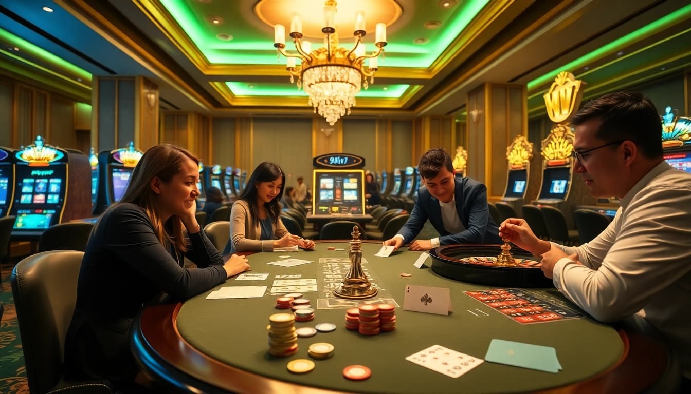 Experience the thrill at an elegant casino with the app 98win, featuring poker tables and slot machines.