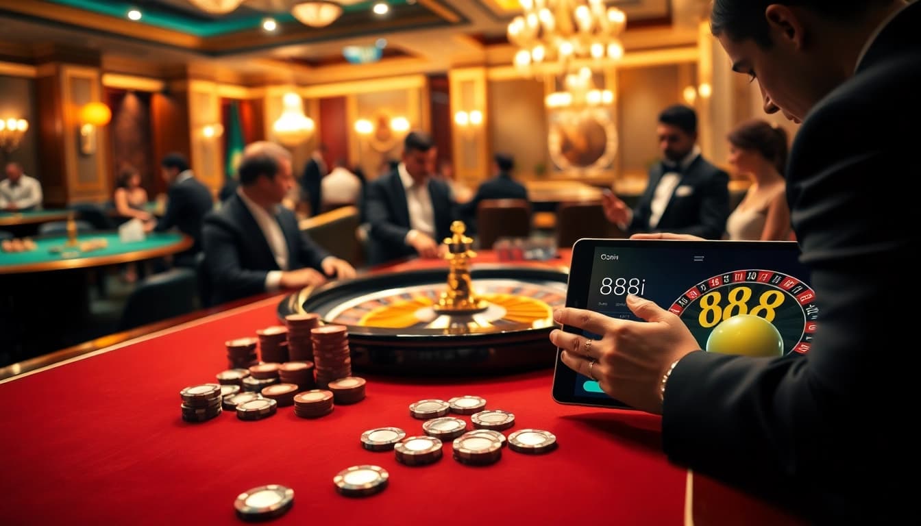 Experience the excitement of 88i with a high-stakes poker game showcasing vibrant chips and cards.