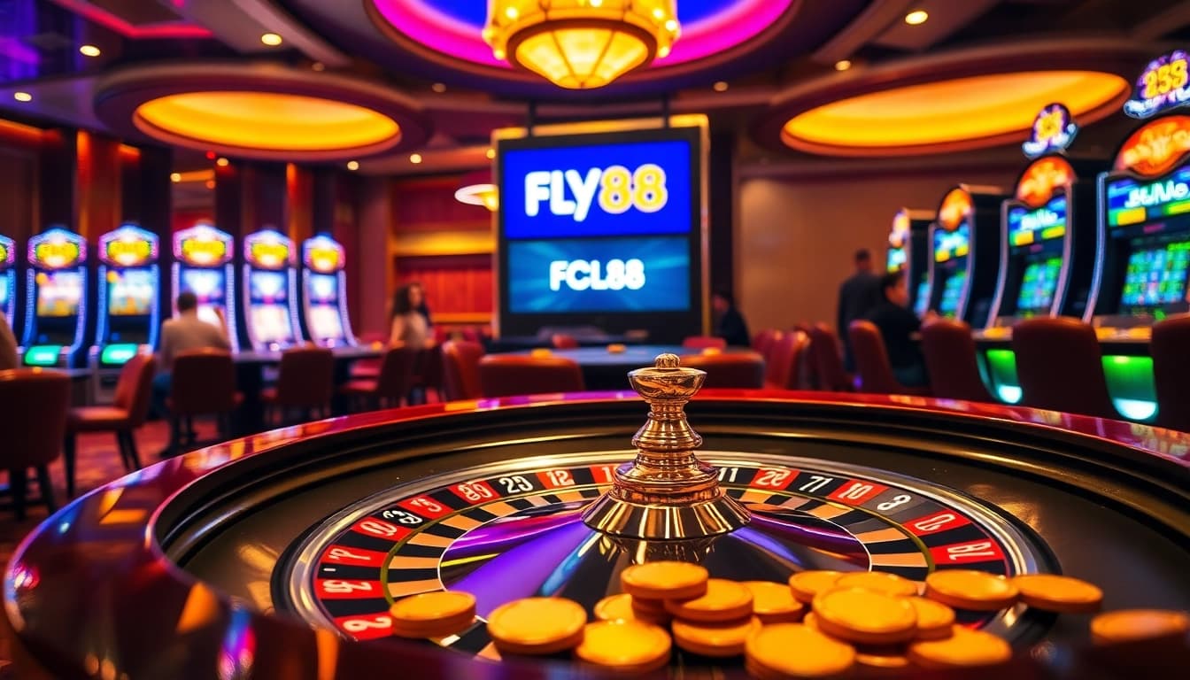 Experience the excitement of FLY88 with engaging casino gaming visuals featuring roulette and slot machines.