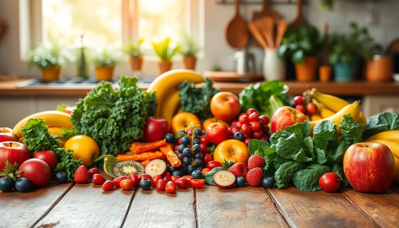 Explore healthy food choices with a vivid arrangement of fresh fruits and vegetables on a rustic table.