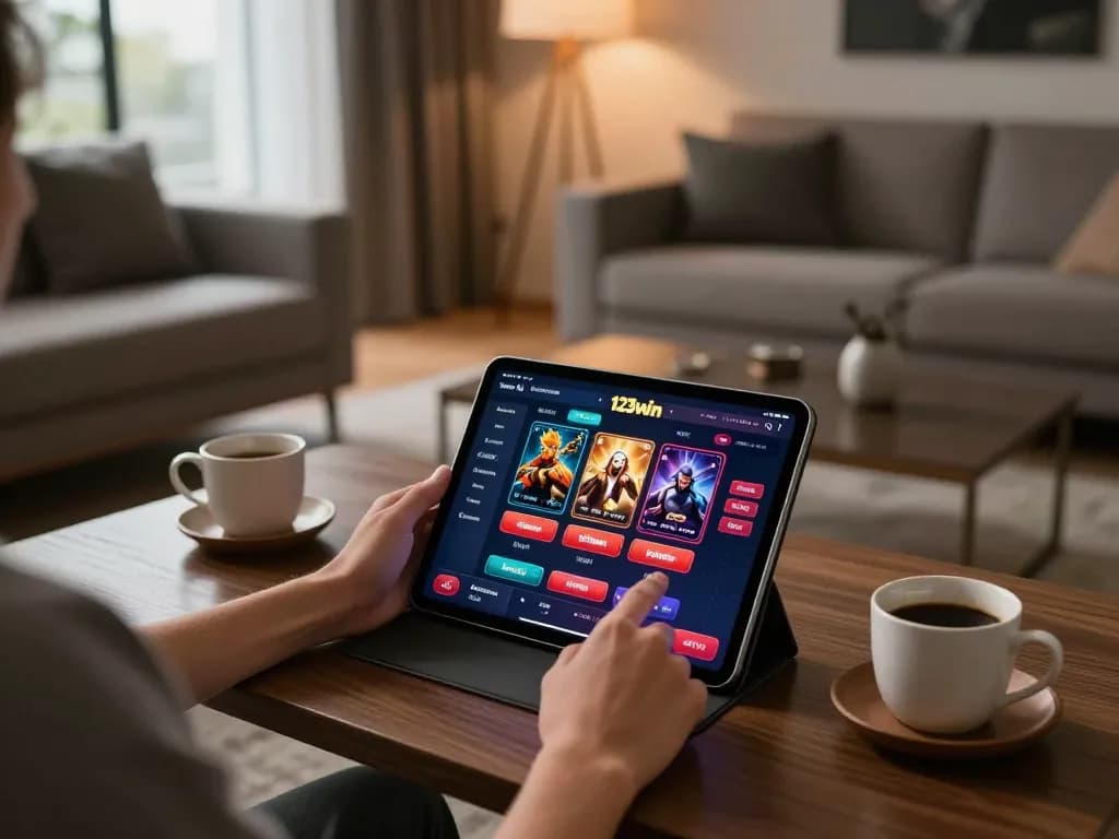 Player exploring the 123win casino app on a tablet in a stylish living room.