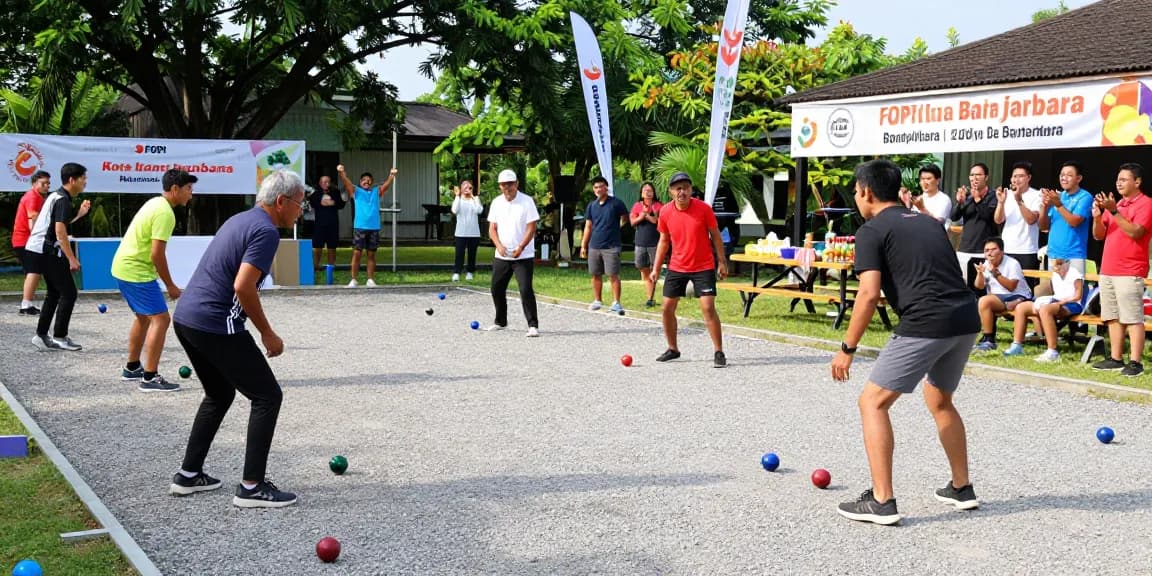 Players enjoying a petanque match at fopikotabanjarba.org tournament in a sunny outdoor setting.