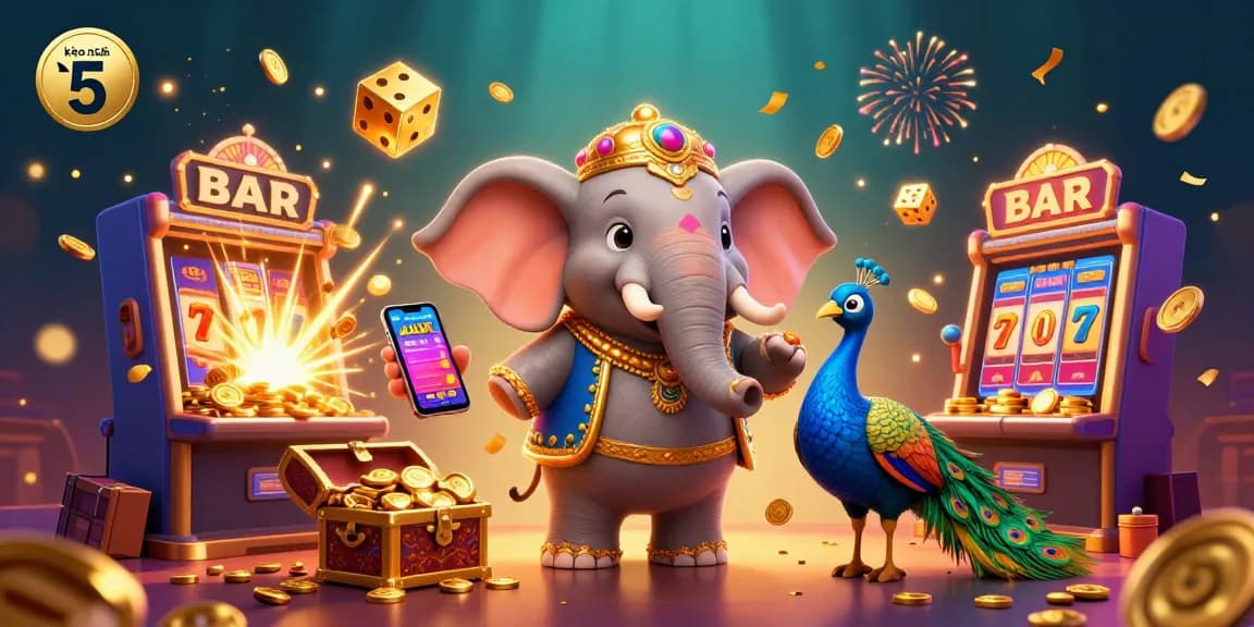 Experience kèo nhà cái 5 with vibrant slots, golden odds, and exciting betting scenes in this dynamic illustration.
