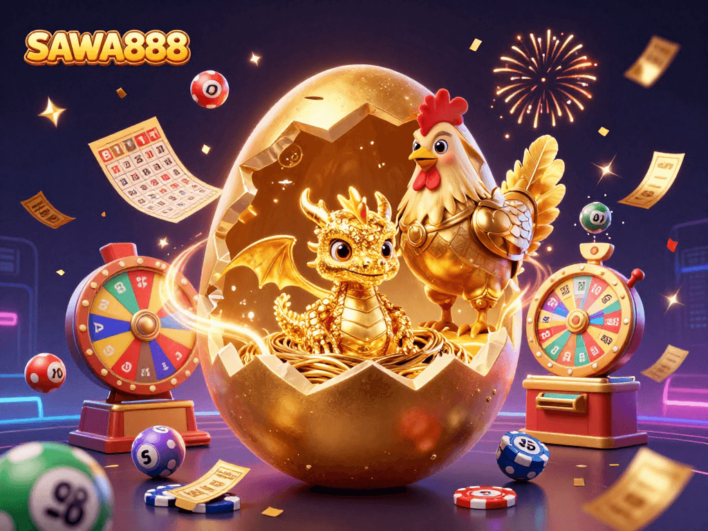 SAWA888 showcases a golden baby dragon among poker chips, surrounded by lottery elements and vibrant colors.