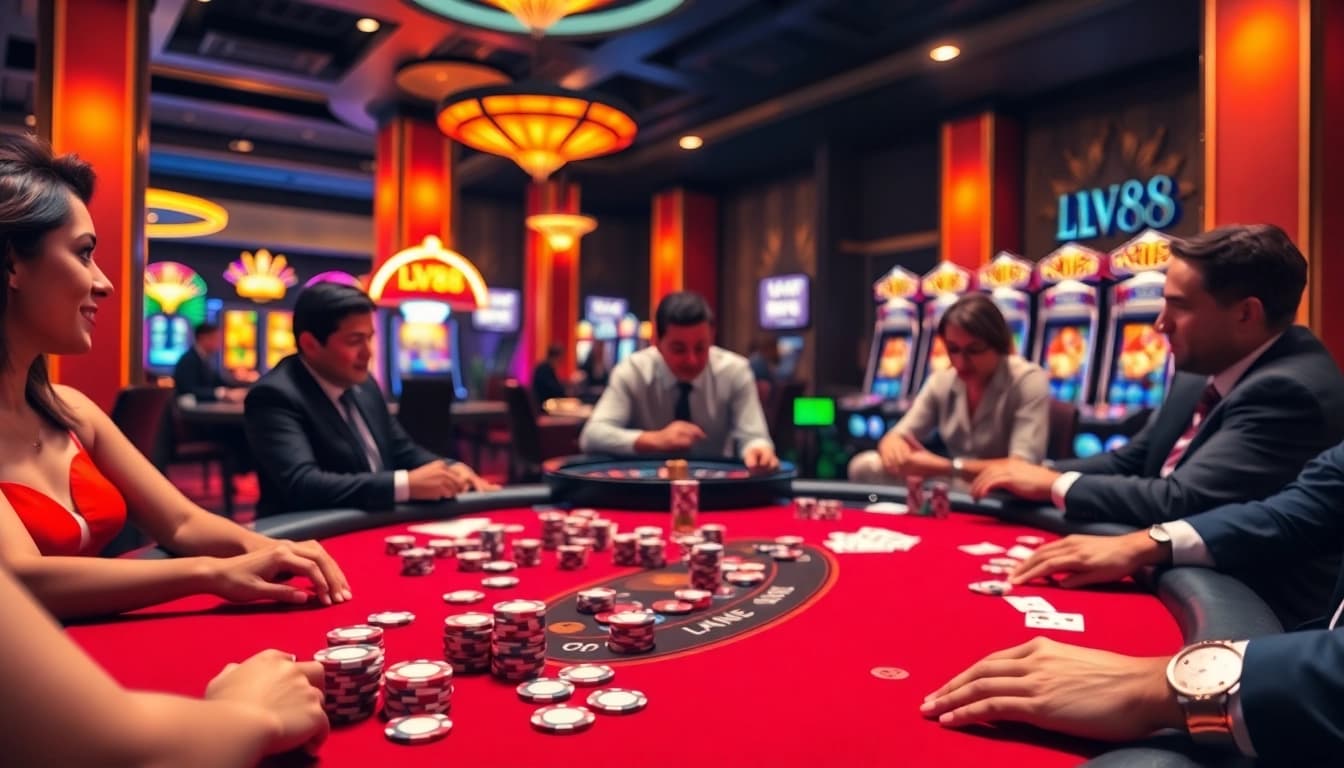 Exciting LV88 gaming table scene with poker players, chips, and roulette wheel in a luxurious casino.