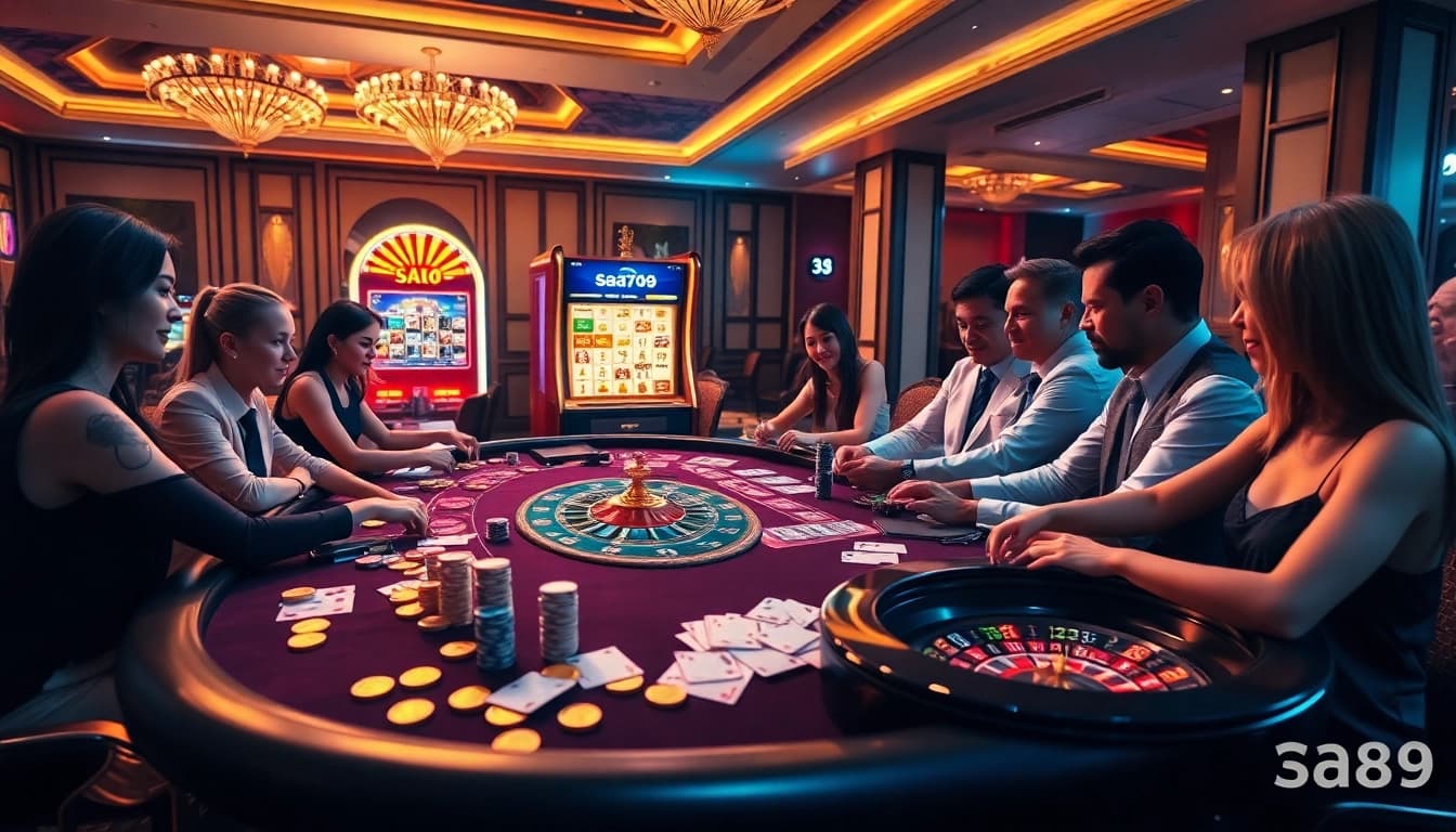 Sao789 gaming experience showcasing vibrant casino tables filled with poker chips and cards.