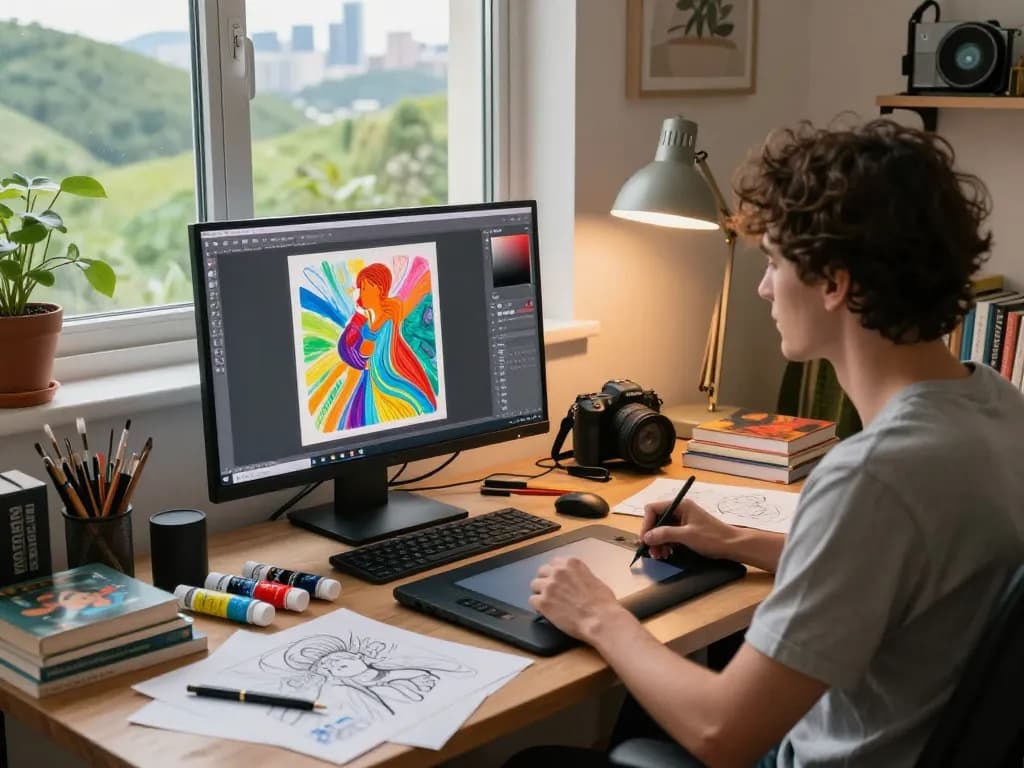Artist utilizing an image to prompt tool in a cozy studio to create AI-generated art.