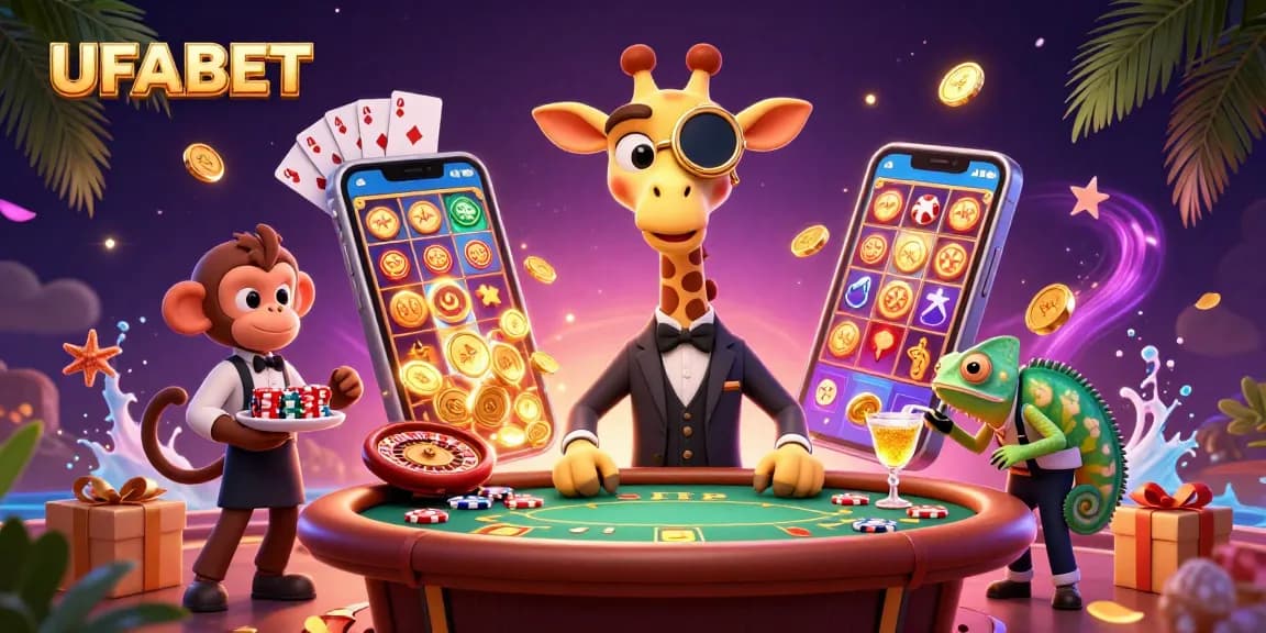 Engage with UFABET's vibrant casino experience, featuring a giraffe at a poker table amidst dynamic games.