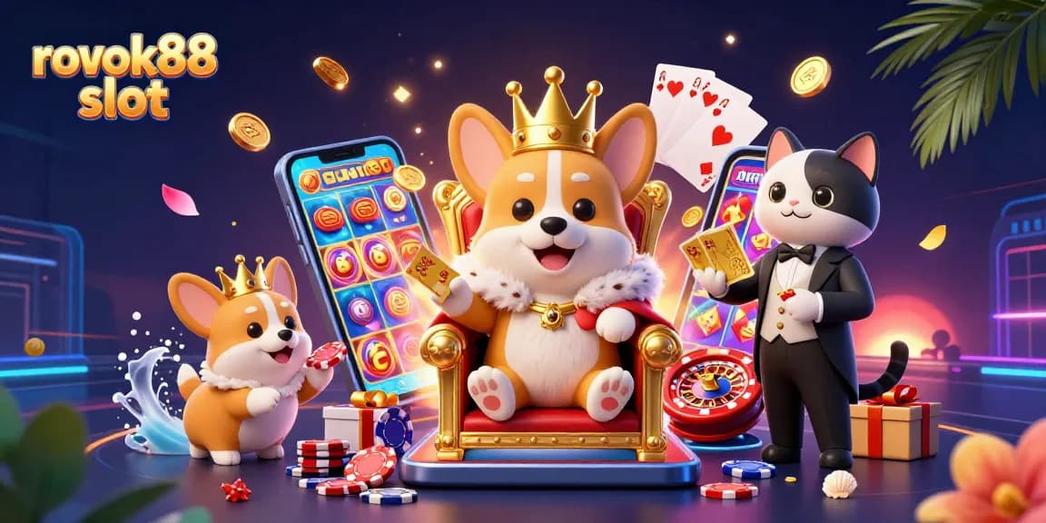 Experience thrilling gameplay with rokok88 slot showcased in a vibrant 3D casino scene featuring royal corgi characters.