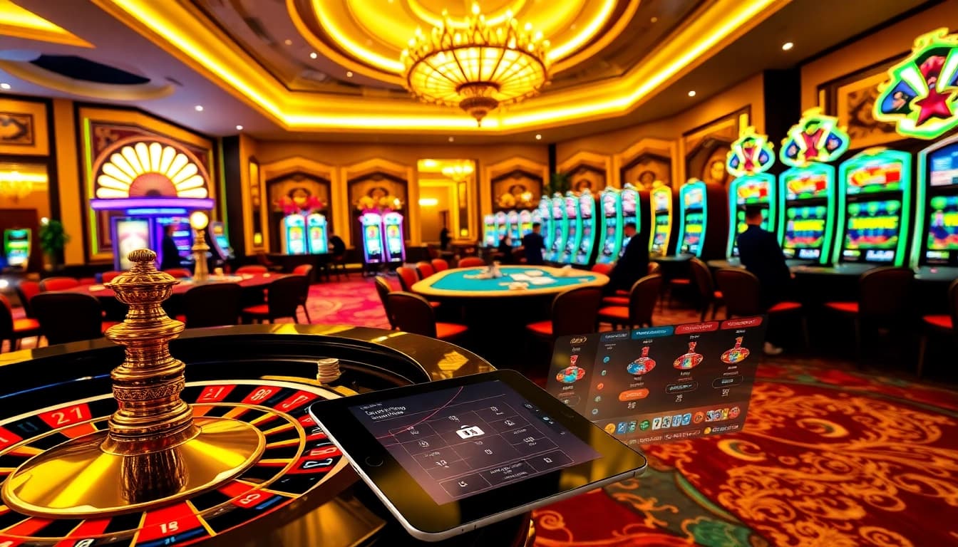 Experience thrilling gaming at http://luck8f.cn.com/ with vibrant casino tables, roulette wheels, and digital interfaces.
