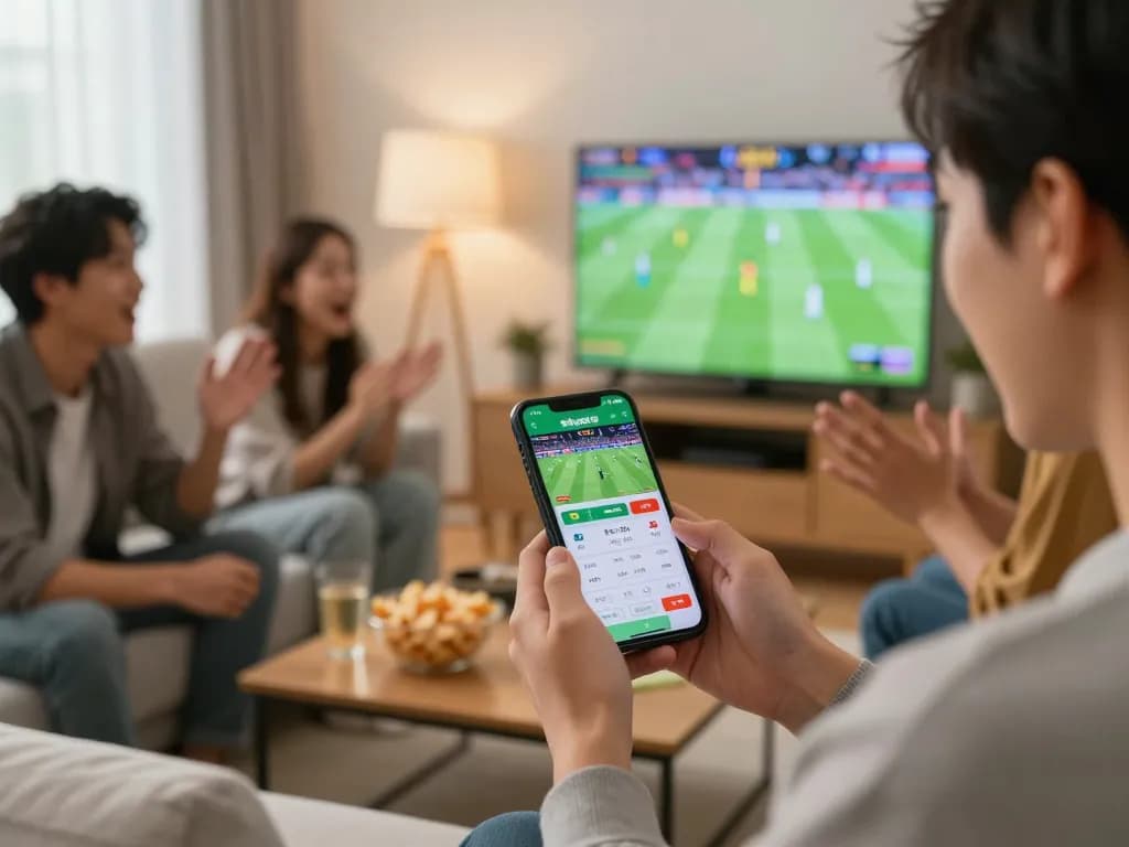 Excited bettor using mn88 app on smartphone while watching sports at home with friends, lively atmosphere.