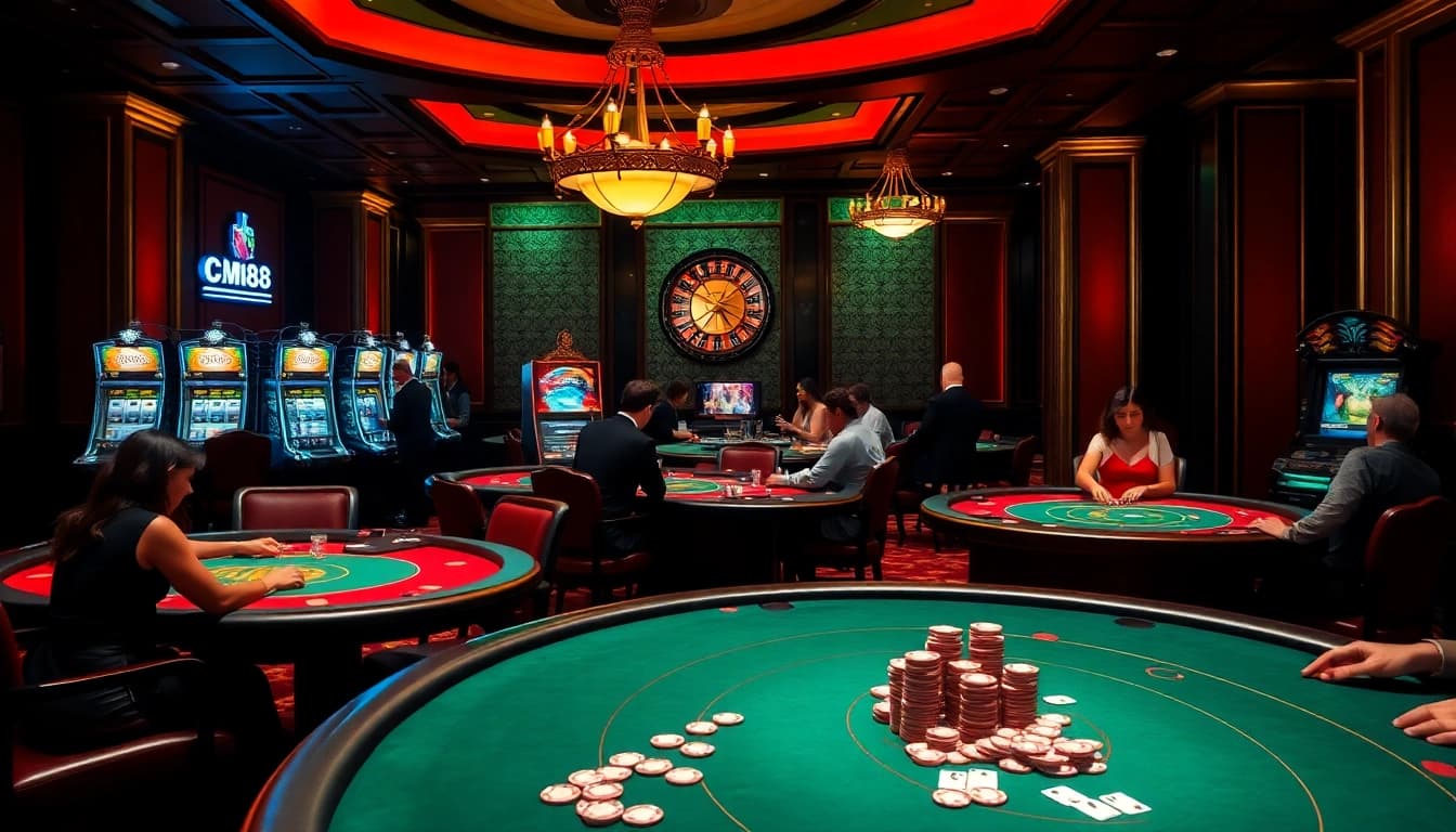 Players enjoying games at a luxurious casino featuring CM88 branded poker chips and rich, exciting atmosphere.