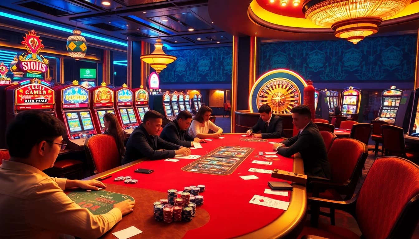 Players enjoying a game bài đổi thưởng at a glamorous casino table, highlighting the thrill of gambling.