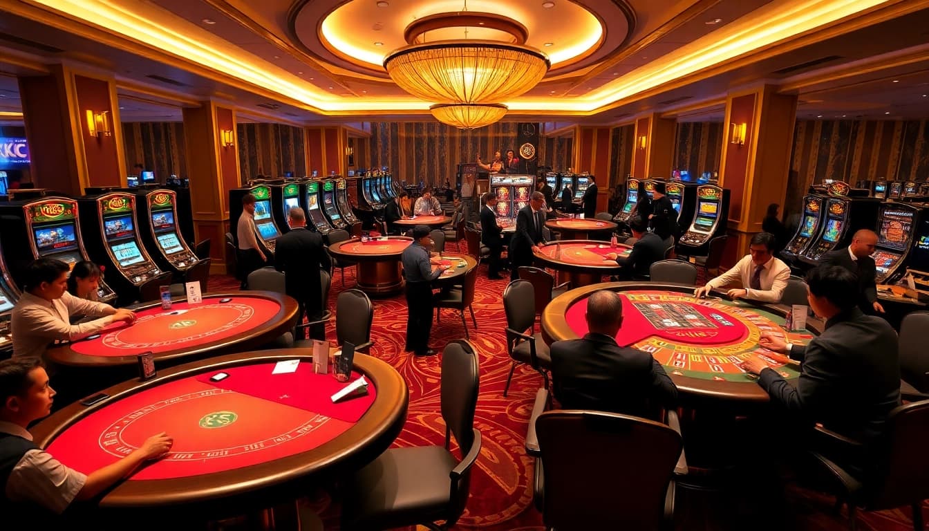 Casino scene showcasing KJC-branded tables and players engaged in games of skill and chance.