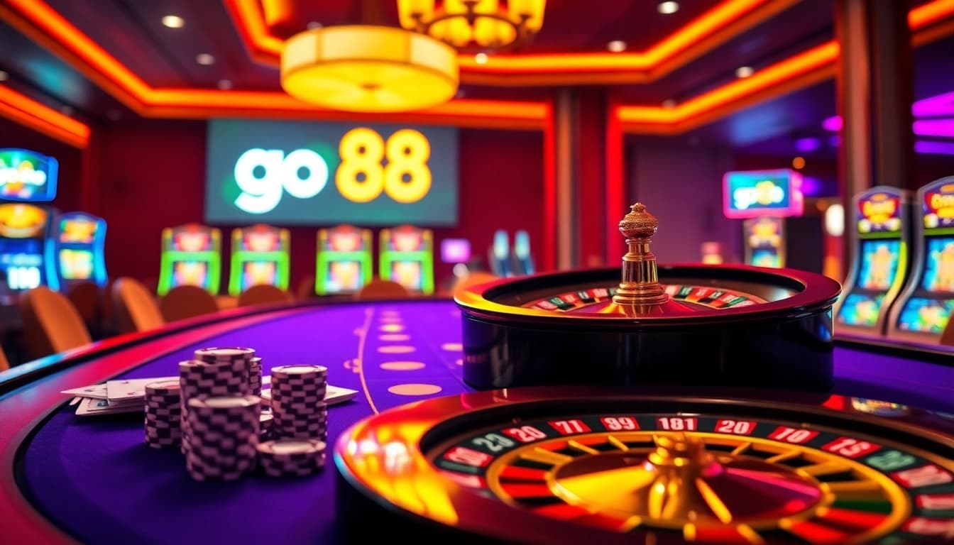 Engage with the thrilling atmosphere of go 88 at a luxury casino table featuring vibrant roulette wheels and poker chips.