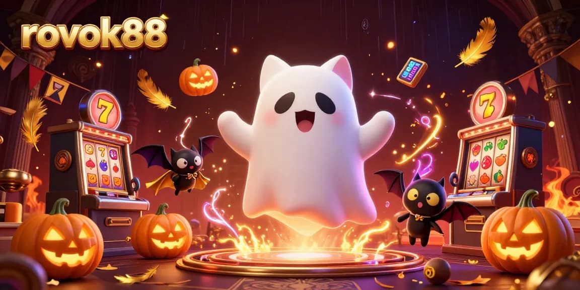 Engage with the vibrant world of rokok88 as a friendly ghost cat floats through a haunted mansion filled with slot machines.