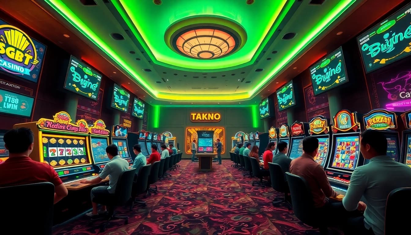 Join the excitement at tk88win.live, featuring players engaging at an online casino with modern gaming setups and vibrant atmosphere.